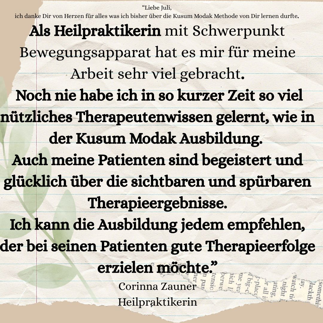 Depoimento de Corinna Zauner, Heilpraktikerin, sobre a formação no Método Kusum Modak